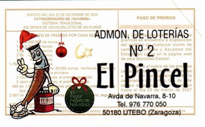Reverso del décimo 08199 con el sello de la Administración nº 2 «El Pincel», en Utebo